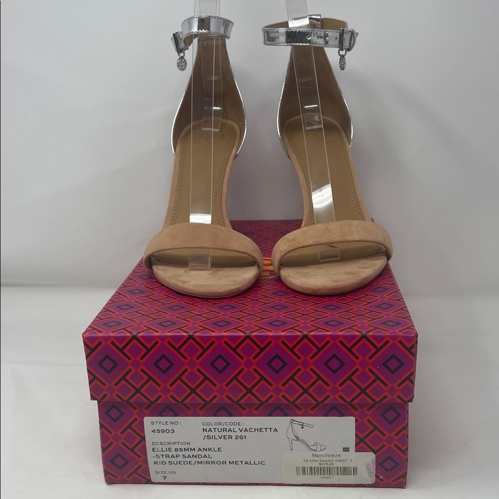 Tory Burch Ellie Ankle Strap Suede Metallic Heel Sandals Size 7 Box Included